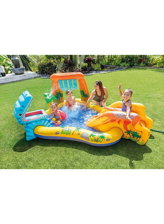 INTEX Intex Inflatable Dinosaur Play Center Outdoor Playhouse Inflatable Water Park with Kid Pool Slide, Water Sprayer, Waterfall, and 6 Balls, Multicolor 249x191x109cm