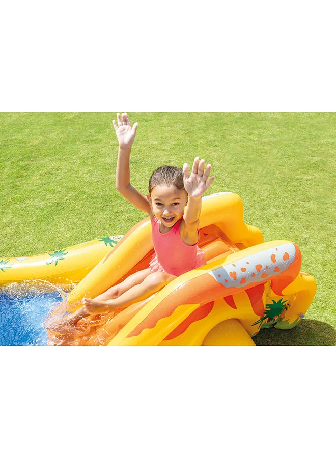 INTEX Intex Inflatable Dinosaur Play Center Outdoor Playhouse Inflatable Water Park with Kid Pool Slide, Water Sprayer, Waterfall, and 6 Balls, Multicolor 249x191x109cm
