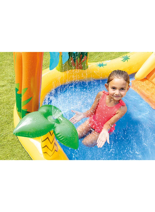 INTEX Intex Inflatable Dinosaur Play Center Outdoor Playhouse Inflatable Water Park with Kid Pool Slide, Water Sprayer, Waterfall, and 6 Balls, Multicolor 249x191x109cm