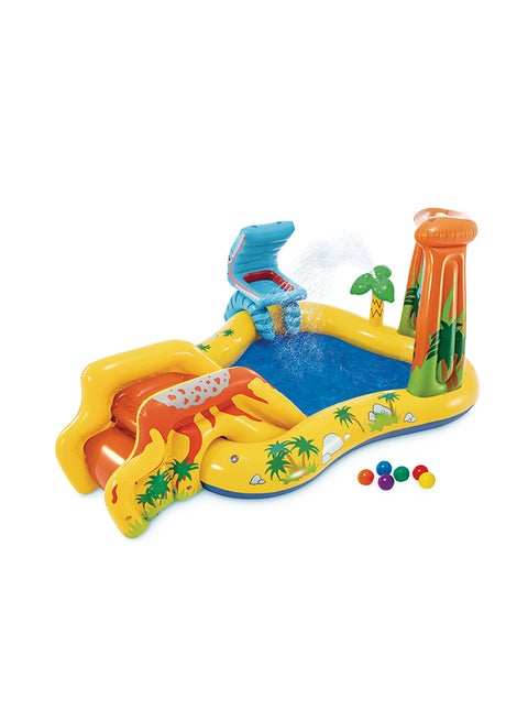 Intex Inflatable Dinosaur Play Center Outdoor Playhouse Inflatable Water Park with Kid Pool Slide, Water Sprayer, Waterfall, and 6 Balls, Multicolor 249x191x109cm