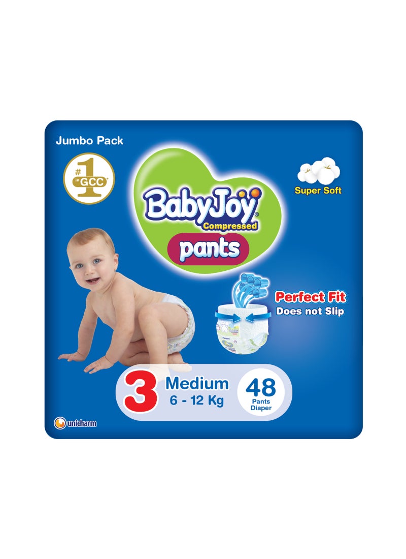 BabyJoy Compressed Culotte Pants Diaper, Size 3, Medium, 6-12 Kg, Jumbo Pack, 48 Diapers - Image 1