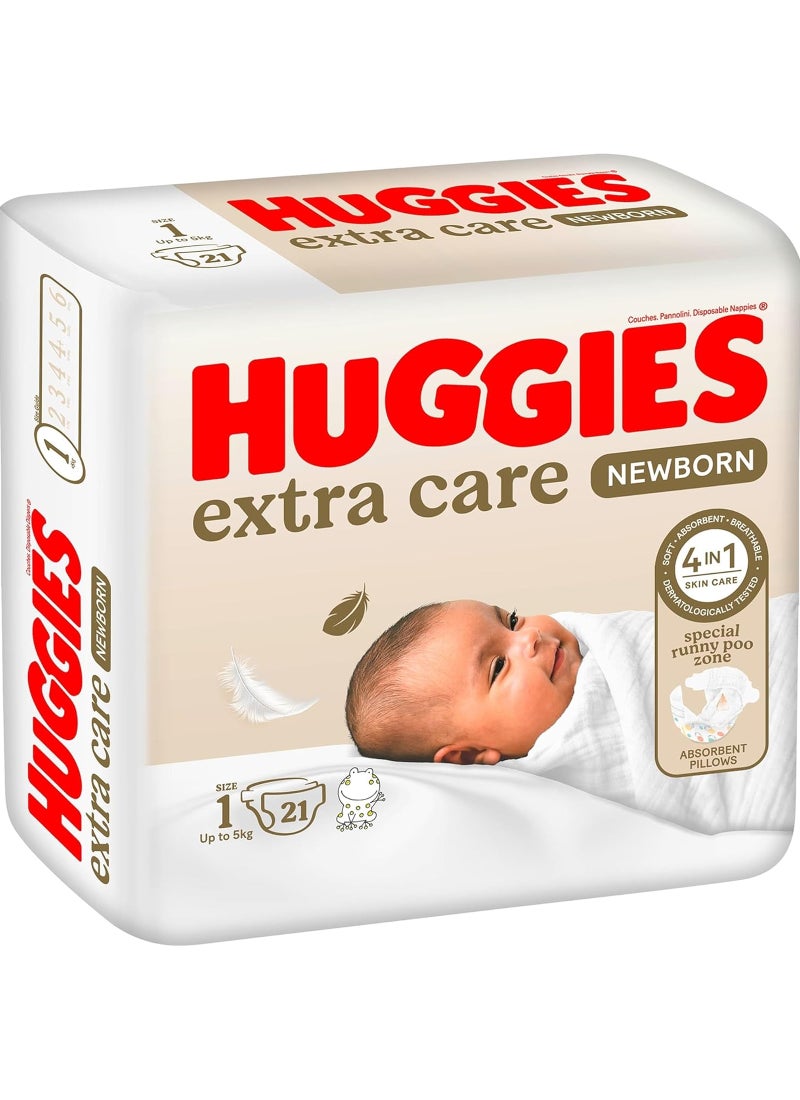 Huggies Extra Care Newborn, Size 1, Up to 5 kg, Carry Pack, 21 Diapers  - Image 1