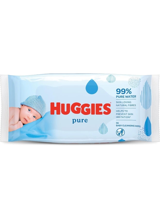 Huggies Pure Baby Wet Wipes, Pack of 56 Wipes, 99% Pure Water, Made from Natural Plant-Based Fibers, Hypoallergenic, Fragrance & Alcohol Free