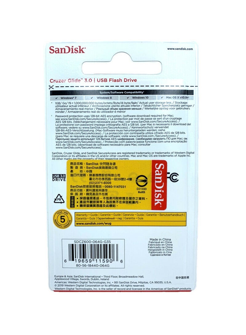 Sandisk - 16GB Cruzer Glide Flash Drive  USB 3.0 USB Type A- SDCZ600-016G-G35 16 GB - Image 1