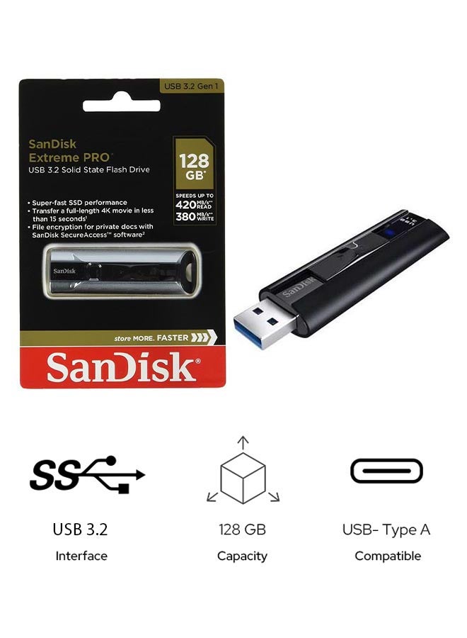 Sandisk - 128 GB Extreme PRO Solid State Flash Drive USB 3.0 Gen 1 USB Type C Read Speed Up to 420MB/s Write Speed Up to 380MB/s SDCZ880-128G-G46 128 GB - Image 1