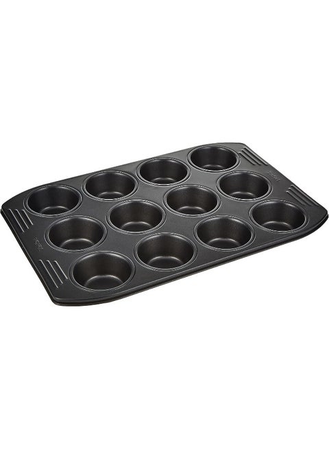 Baking Mold | Easy Grip 12 Muffins 26.5X39.5Cm | Carbon Steel | Easy Handling | Large Handles | Non-Stick Coating | Easy Release | Easy Cleaning | Dark Grey | 2 Years Warranty | J1625745 Dark Grey 26.5x39.5cm