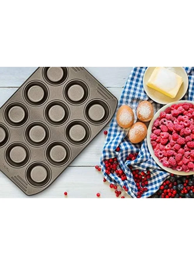 تيفال TEFAL قالب خبز | قالب مافن سهل الإمساك 12 قطعة 26.5x39.5 سم | فولاذ كربوني | سهولة التعامل | مقابض كبيرة | طلاء غير لاصق | سهولة التحرير | سهولة التنظيف | رمادي داكن | ضمان لمدة سنتين | J1625745 بني 26.5x39.5سم