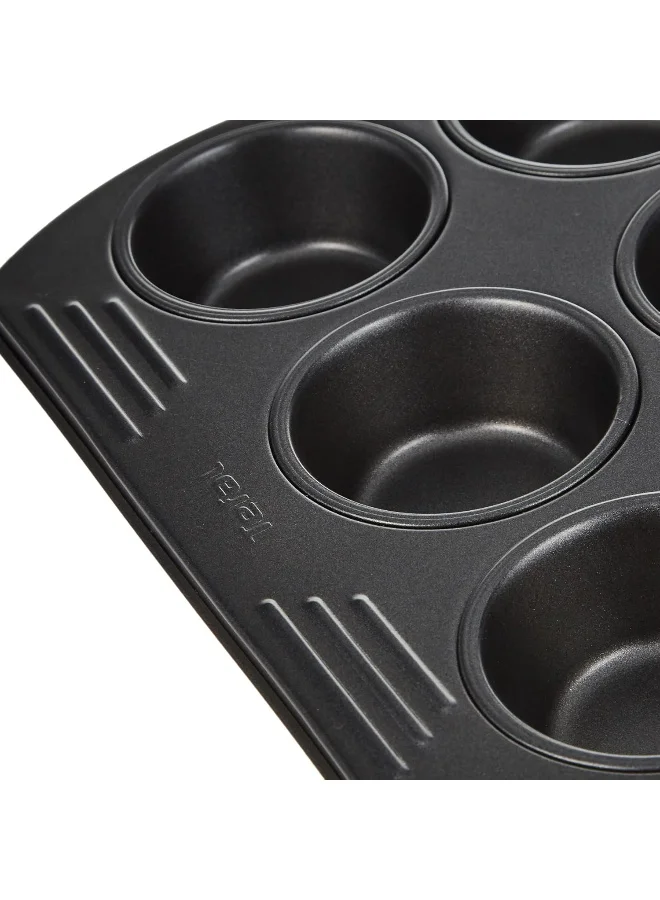 تيفال TEFAL قالب خبز | قالب مافن سهل الإمساك 12 قطعة 26.5x39.5 سم | فولاذ كربوني | سهولة التعامل | مقابض كبيرة | طلاء غير لاصق | سهولة التحرير | سهولة التنظيف | رمادي داكن | ضمان لمدة سنتين | J1625745 بني 26.5x39.5سم