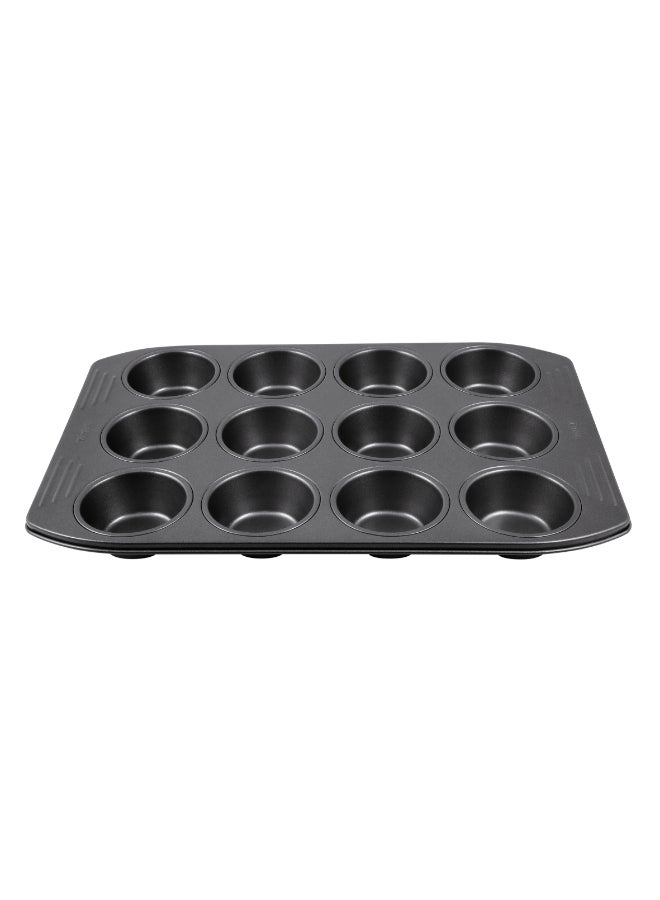 TEFAL Baking Mold | Easy Grip 12 Muffins 26.5x39.5cm | Carbon Steel | Easy Handling | Large Handles | Non-Stick Coating | Easy Release | Easy Cleaning | Dark Grey | 2 Years Warranty | J1625745 Dark Grey 26.5x39.5cm - Image 1