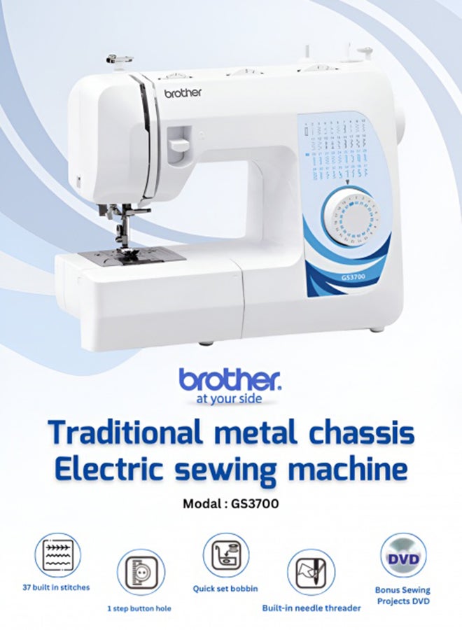 Traditional Metal Chassis Electric Sewing Machines Featuring 37 Built-In Stitch Selections For Convenient And Versatile Sewing | This Sewing Machine Features A Built-In Needle Threader And Quick Set Bobbin | 1-Step Buttonhole And | Made In Vietnam GS3700 White/Blue/Silver