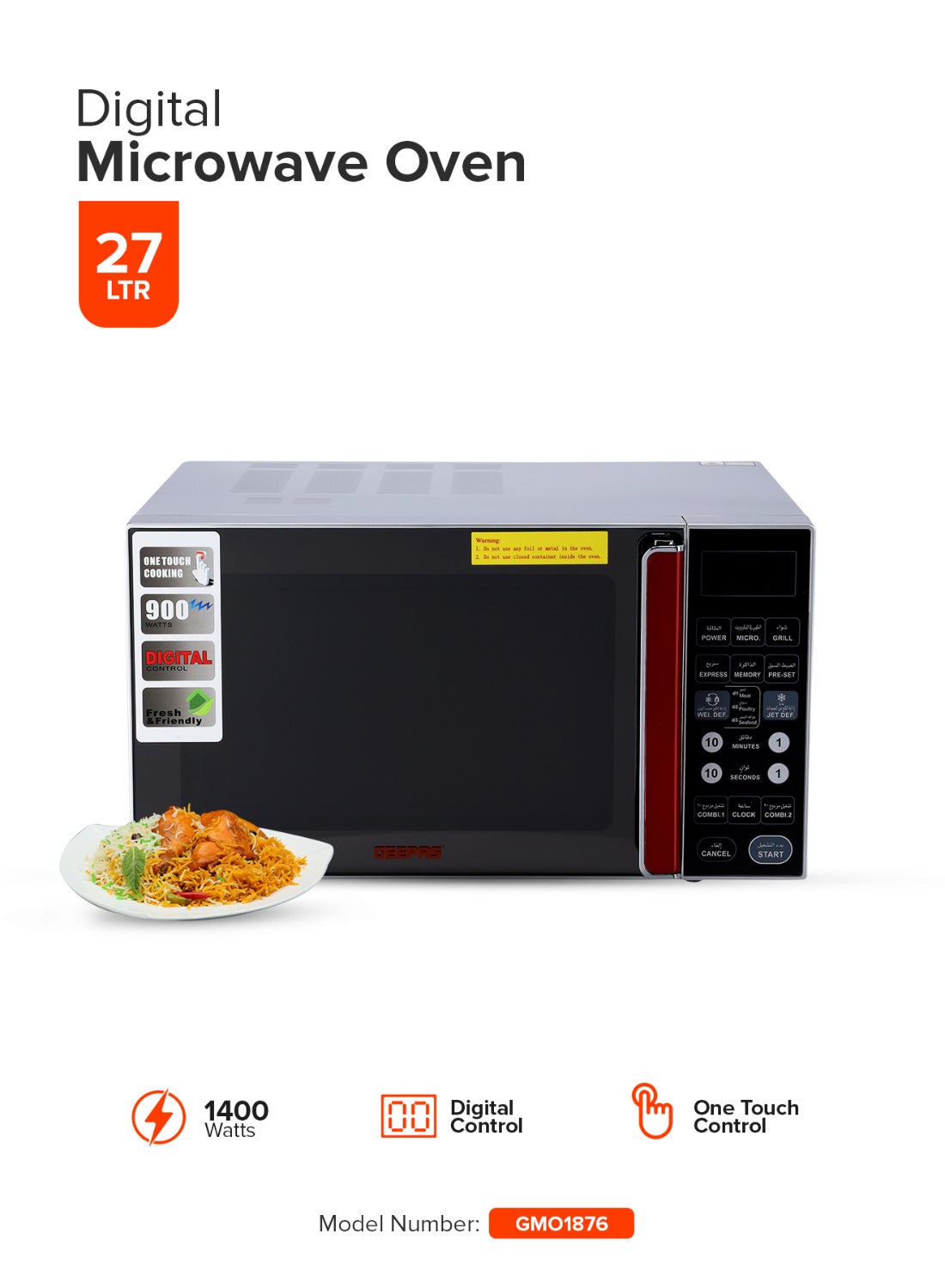 GEEPAS Digital Microwave Oven - Microwave Oven with Multiple Cooking Menus |Reheating & Defrost Function |Child Lock |Digital Controls 27 L 900 W GMO1876 Silver 