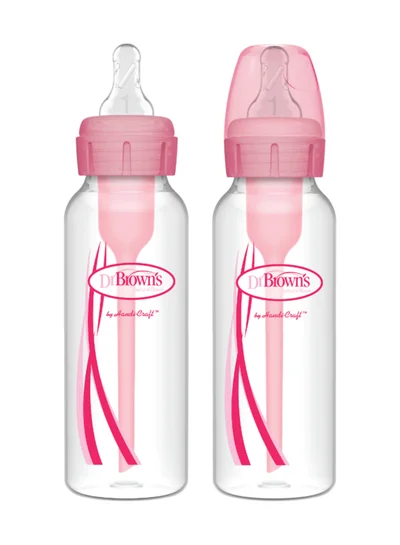 Dr. Brown’s Pack Of 2 Anti-Colic P Narrow Options Plus Baby Feeding Bottle, 2 X 250 ML, Pink, Level 1 Silicone Teats, 0 Months +