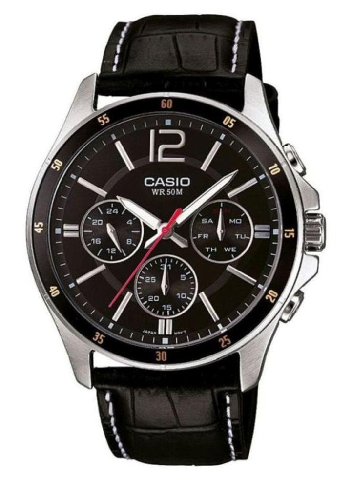 CASIO Men's Water Resistant Leather Enticer Analog Watch MTP1374L-1A - 44 mm - Black - Image 1