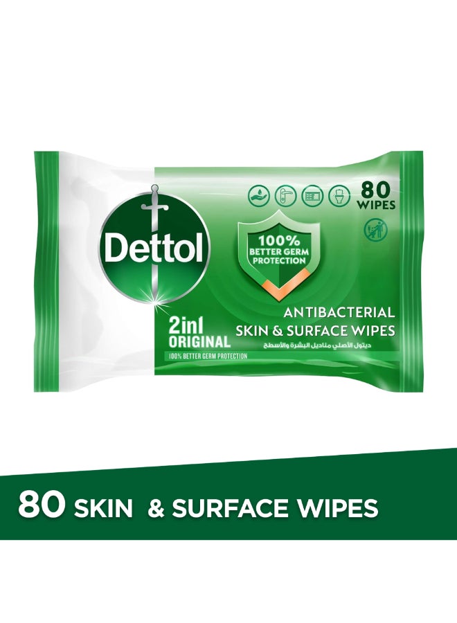 Dettol Original 2 In 1 Antibacterial Skin And Surface Wipes Pack of 80  - Image 1