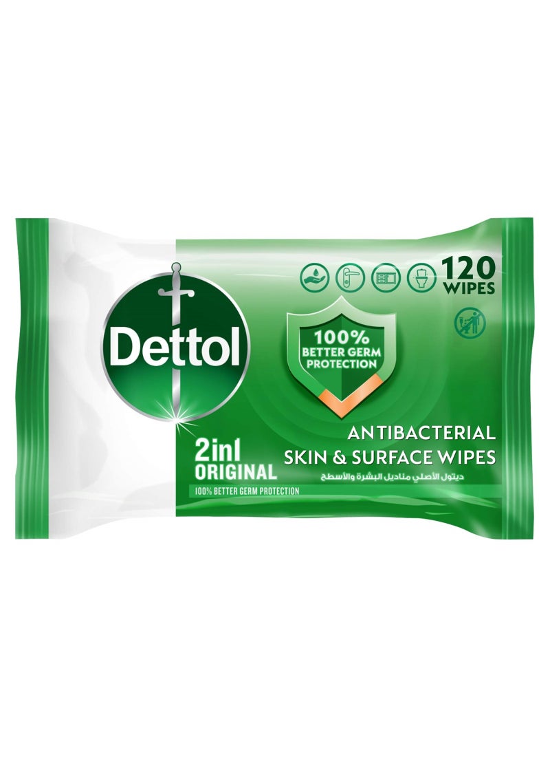 Dettol Original 2 In 1 Antibacterial Skin And Surface Wipes Pack of 120 Wipes - Image 1