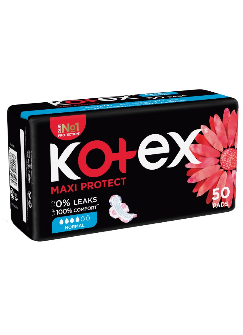 Kotex Maxi Protect Thick Pads, Normal Size Sanitary Pads with Wings, 50 Sanitary Pads pink 50 Pieces - Image 1