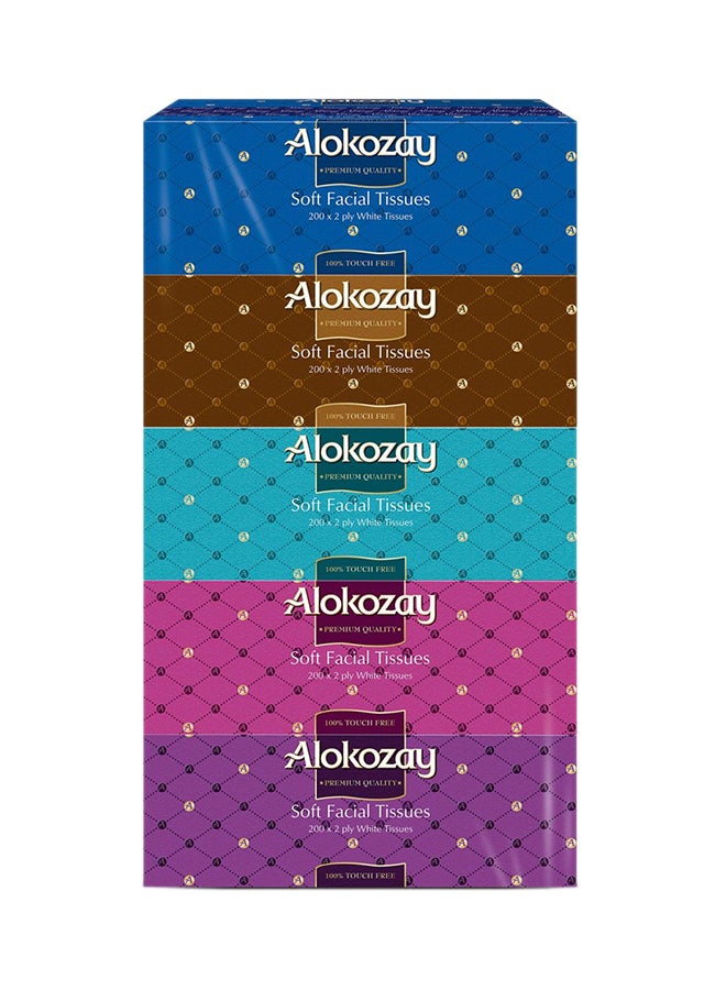 Alokozay Soft Facial Tissues 200 x 2Ply White Tissue, Pack of 5
