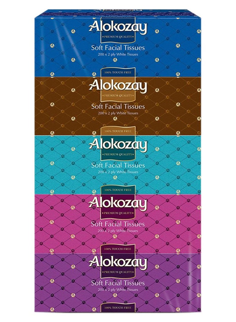 Alokozay Soft Facial Tissues 200 x 2Ply White Tissue, Pack of 5