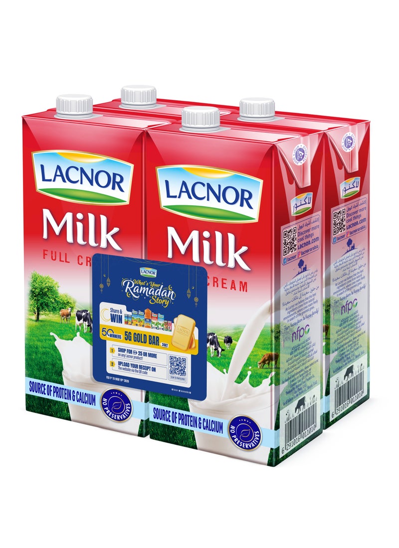 Lacnor Long Life Milk Full Cream Plain 1Liters Pack of 4 - Image 1