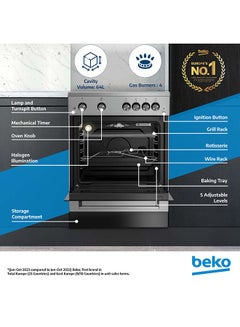 Beko 60x60cm Free Standing Gas Cooker, Full Safety, 4 High Efficiency Gas Burner(1 Wok), Cast Iron Pan Support, 64 liters Oven Capacity, Removable Door Glass for Cleaning FSGT 61121 DXL Black/White  - Image 2