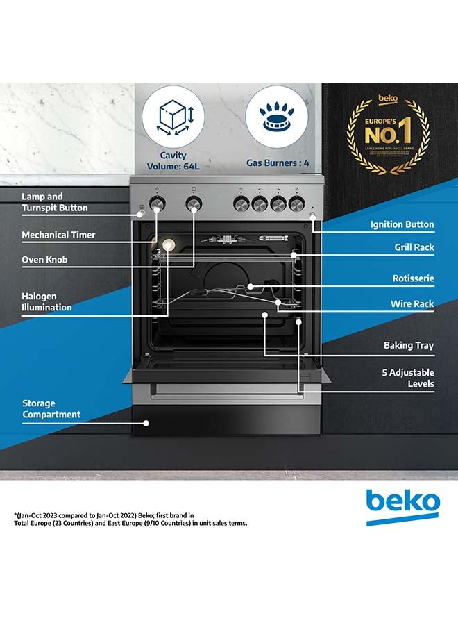 Beko 60x60cm Free Standing Gas Cooker, Full Safety, 4 High Efficiency Gas Burner(1 Wok), Cast Iron Pan Support, 64 liters Oven Capacity, Removable Door Glass for Cleaning FSGT 61121 DXL Black/White  - Image 2