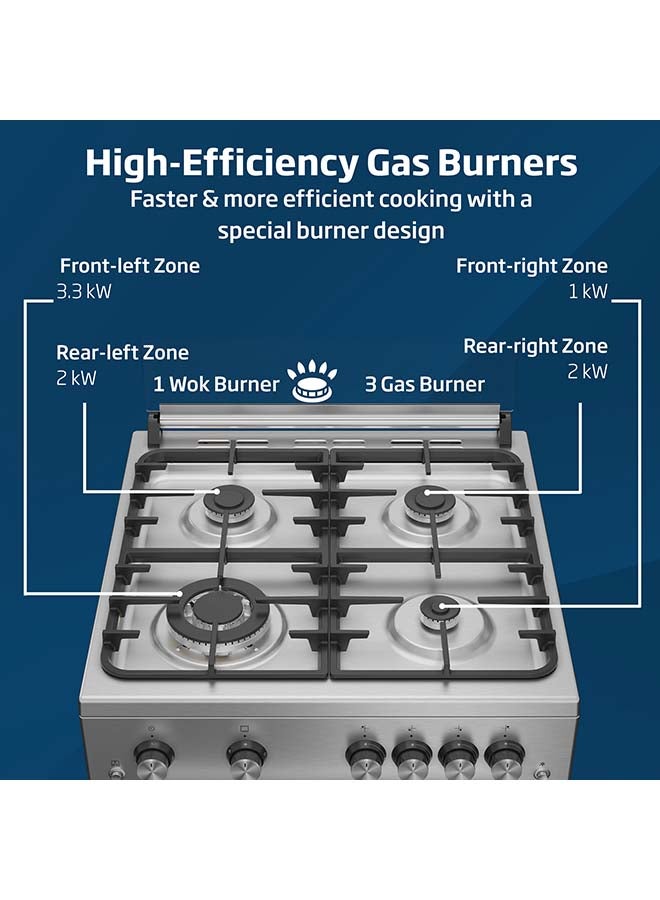 Beko 60x60cm Free Standing Gas Cooker, Full Safety, 4 High Efficiency Gas Burner(1 Wok), Cast Iron Pan Support, 64 liters Oven Capacity, Removable Door Glass for Cleaning FSGT 61121 DXL Black/White  - Image 3