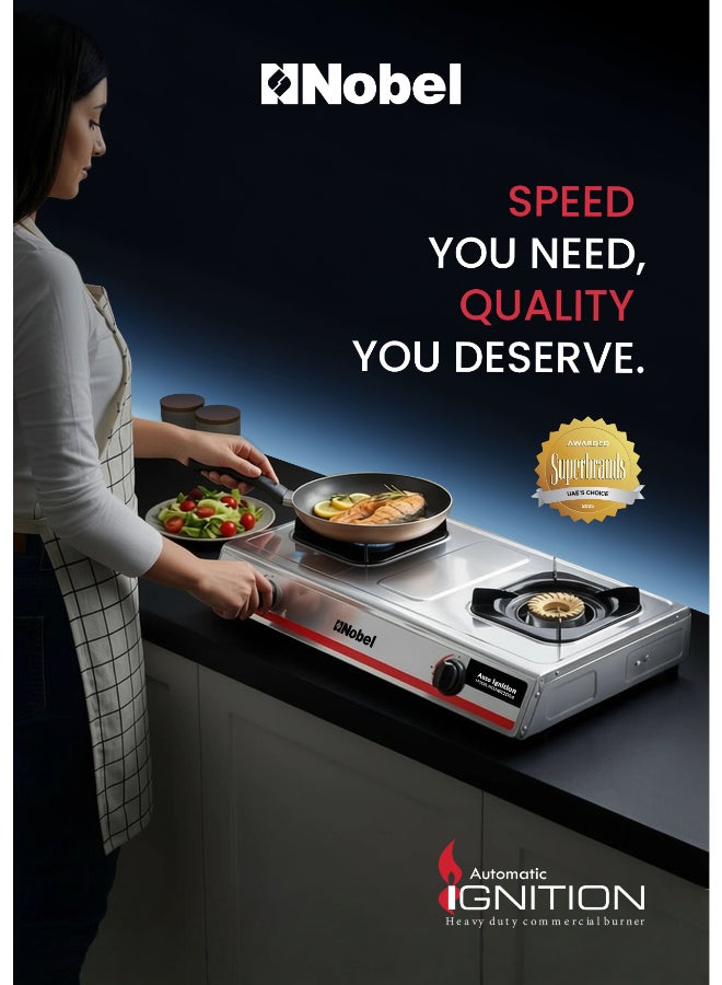 نوبل موقد غاز بموقد غاز مزدوج/2 شعلة نحاسية ونحاس من الفولاذ المقاوم للصدأ وإشعال تلقائي موفر للطاقة - 710 × 410 × 140 (عرض × عمق × ارتفاع) ملم - Image 3