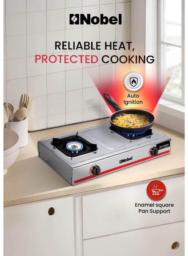 نوبل موقد غاز بموقد غاز مزدوج/2 شعلة نحاسية ونحاس من الفولاذ المقاوم للصدأ وإشعال تلقائي موفر للطاقة - 710 × 410 × 140 (عرض × عمق × ارتفاع) ملم - Image 5