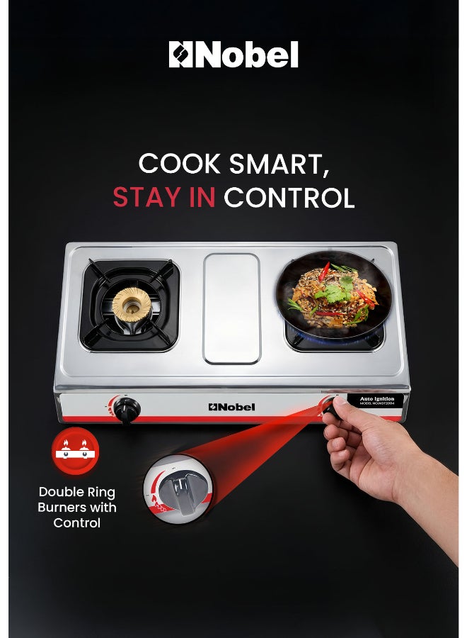 نوبل موقد غاز بموقد غاز مزدوج/2 شعلة نحاسية ونحاس من الفولاذ المقاوم للصدأ وإشعال تلقائي موفر للطاقة - 710 × 410 × 140 (عرض × عمق × ارتفاع) ملم - Image 4