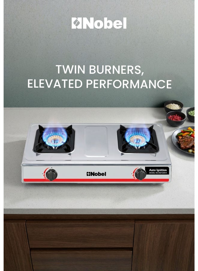 نوبل موقد غاز بموقد غاز مزدوج/2 شعلة نحاسية ونحاس من الفولاذ المقاوم للصدأ وإشعال تلقائي موفر للطاقة - 710 × 410 × 140 (عرض × عمق × ارتفاع) ملم - Image 2