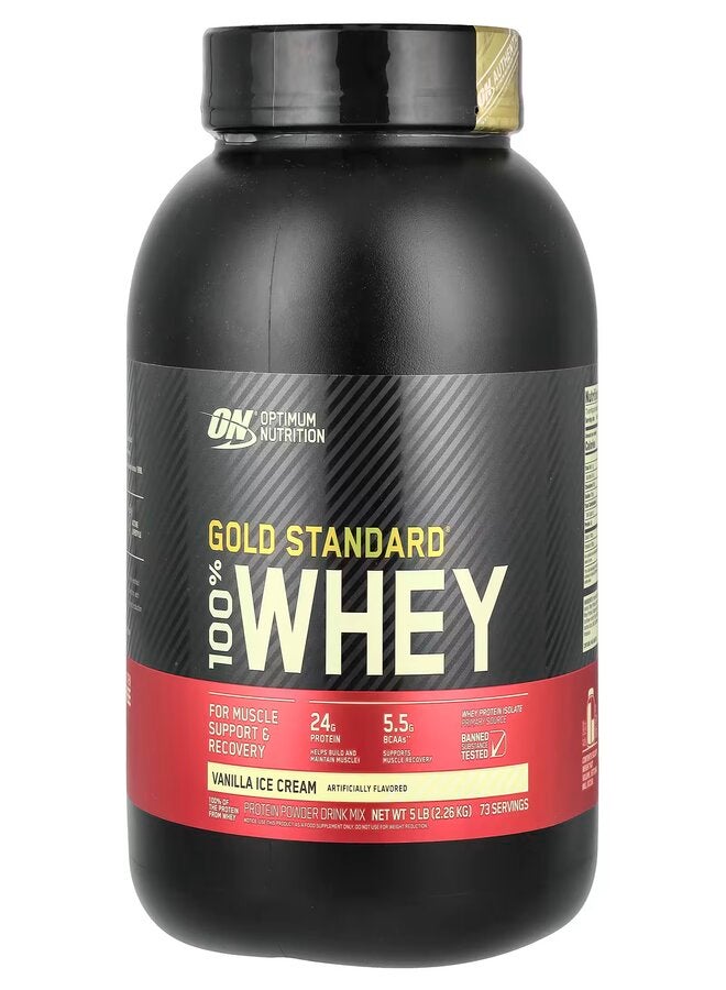 Optimum Nutrition Gold Standard 100% Whey Protein Powder Primary Source Isolate Vanilla Ice Cream 5 Lbs 73 Servings 2.26 Kg  - Image 1