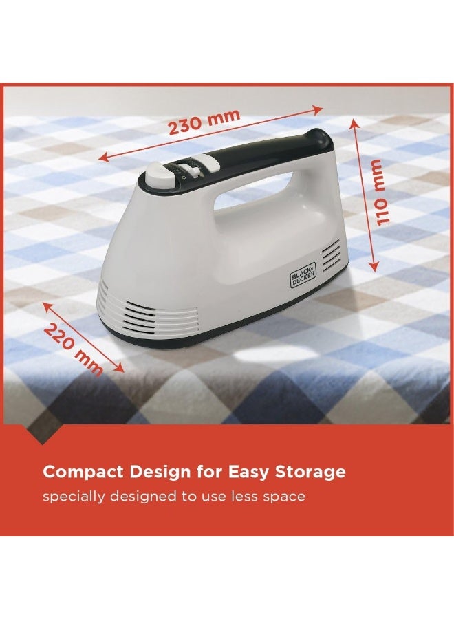 BLACK+DECKER Hand Mixer, Turbo Function, High-Speed Mixing, Durable Stainless Steel Components, Quick Beater Lock, Includes Beater and Dough Hooks, Compact Design, 300 W M350-B5 White/Silver/Black - Image 5