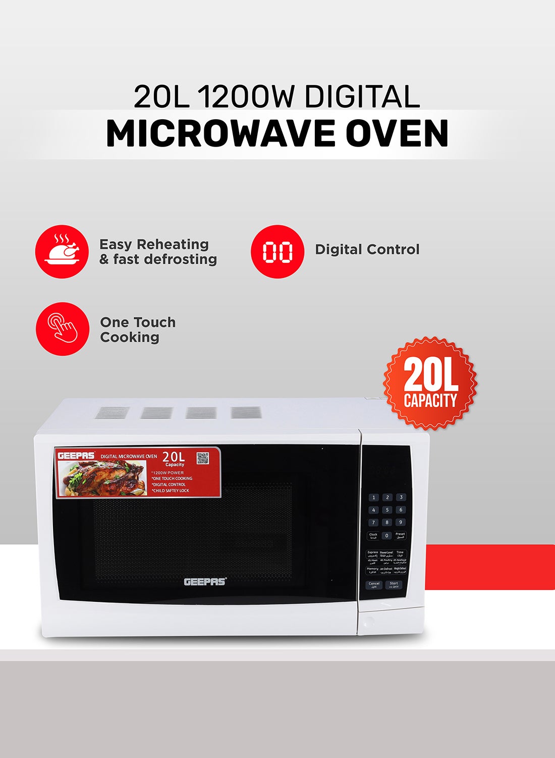 Digital Microwave Oven with Adjustable temperature and Timer function Reheating and Defrost function  Child lock  Digital controls 20 L 1200 W GMO1895-20LD White 