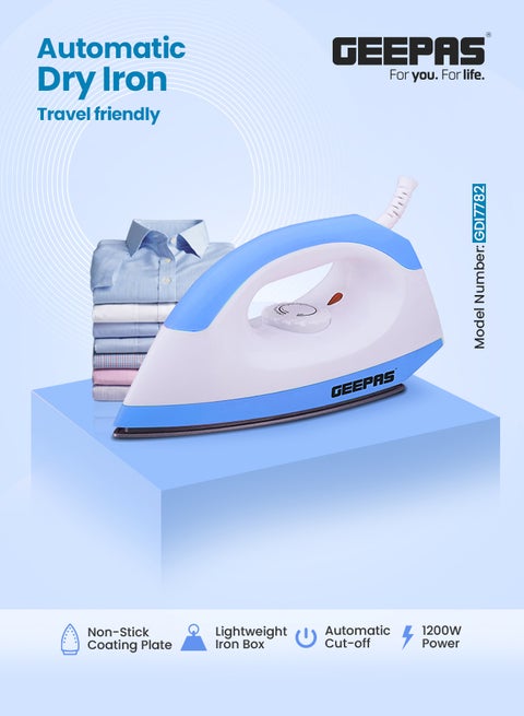 Dry Iron - Non-Stick Coating Plate & Adjustable Thermostat Control/Indicator Light with ABS Material/Slim Tip & Light Weight/Ergonomic Handle, Easy Storage 1200 W GDI7782 Blue/White