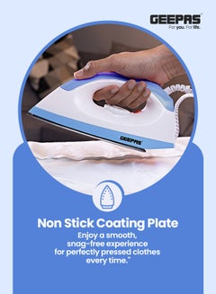 GEEPAS Dry Iron - Non-Stick Coating Plate & Adjustable Thermostat Control/Indicator Light with ABS Material/Slim Tip & Light Weight/Ergonomic Handle, Easy Storage 1200 W GDI7782 Blue/White  - Image 2