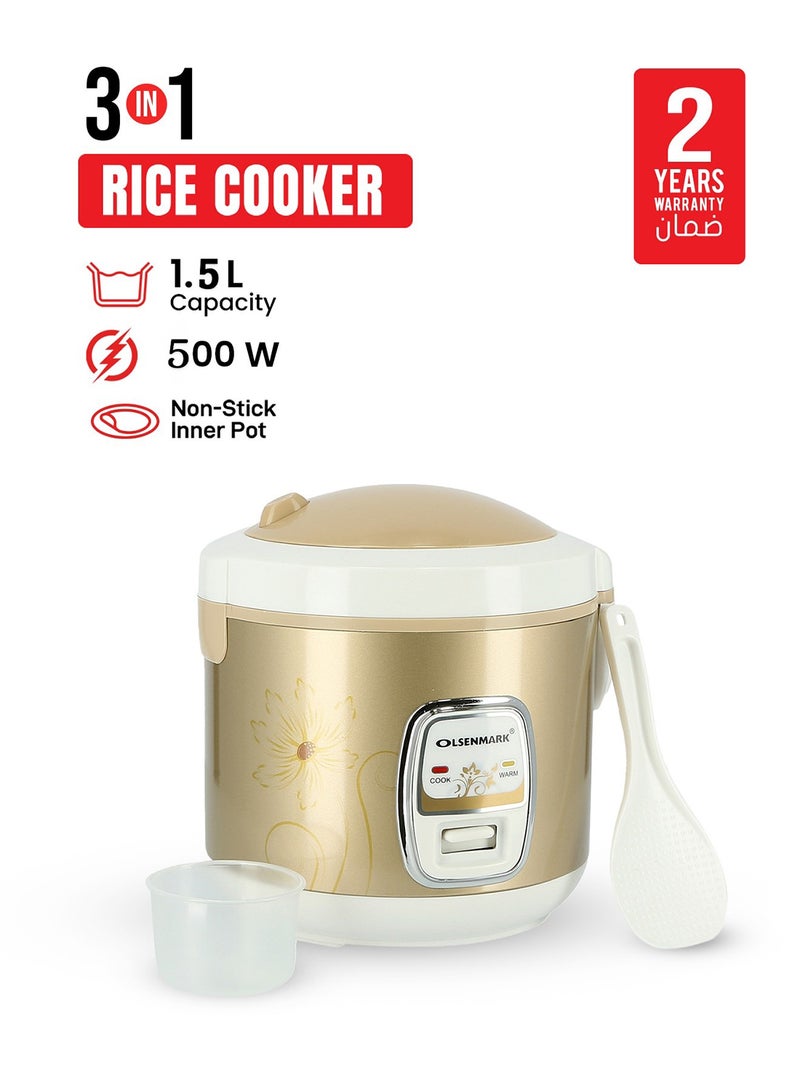 Olsenmark 3-in-1 Rice Cooker | Cook, Steam & Keep Warm Functions | Non-Stick Inner Pot | Durable & Easy to Clean 1.5 L 500 W OMRC2121H Brown - Image 1