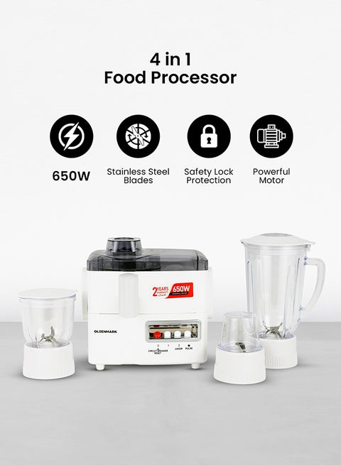 4-In-1 Juicer Blender / Food Processor with Stainless Steel Blades, Overheat Protection & Safety Lock, Durable & Easy to Use and 2 Speeds with Pulse Function 1.8 L 650 W OMSB2137J White