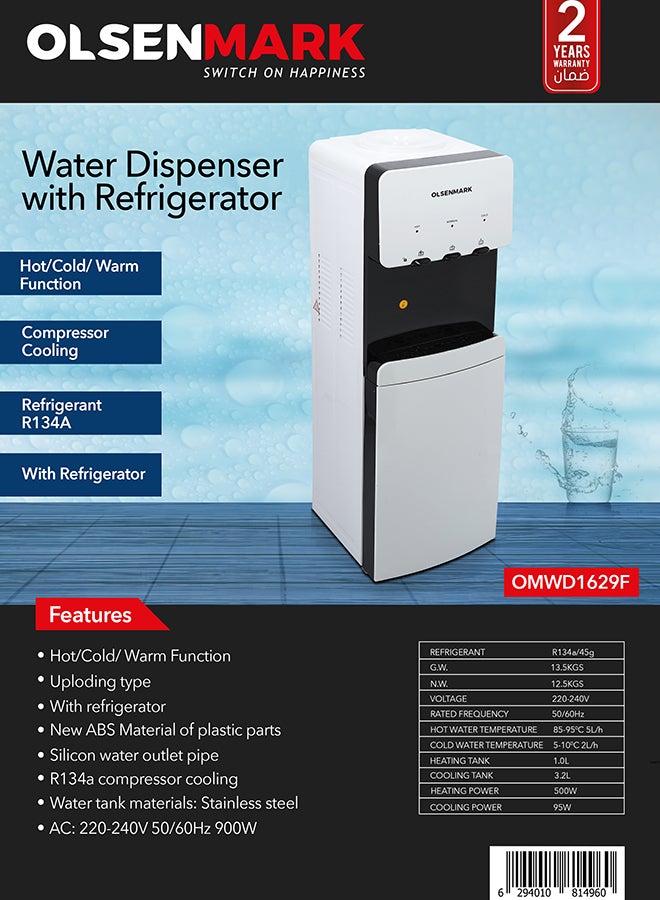 Olsenmark - Water Dispenser with Refrigerator, Hot- Cold- Warm Function, OMWD1629 , Cold Temperature: 6-10C - Hot Temperature: <95C - ABS + Iron Side Panel - Heating Power 500W OMWD1629 White - Image 1