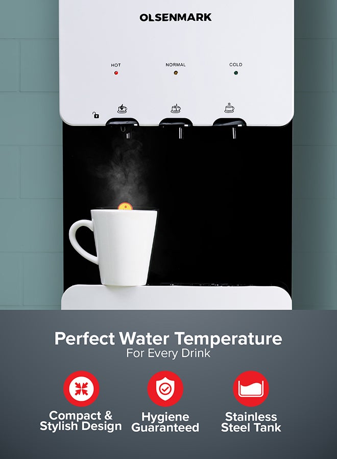 Olsenmark - Water Dispenser with Refrigerator, Hot- Cold- Warm Function, OMWD1629 , Cold Temperature: 6-10C - Hot Temperature: <95C - ABS + Iron Side Panel - Heating Power 500W OMWD1629 White - Image 1
