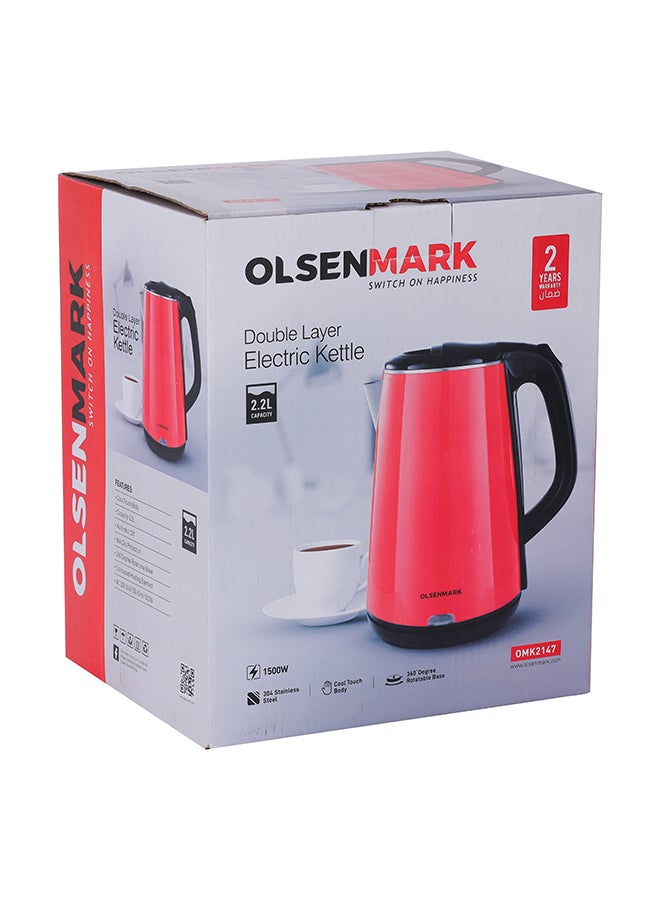 Olsenmark Stainless Steel Electric Kettle 2.2 L 1500 W OMK2147 Red/Black  - Image 5