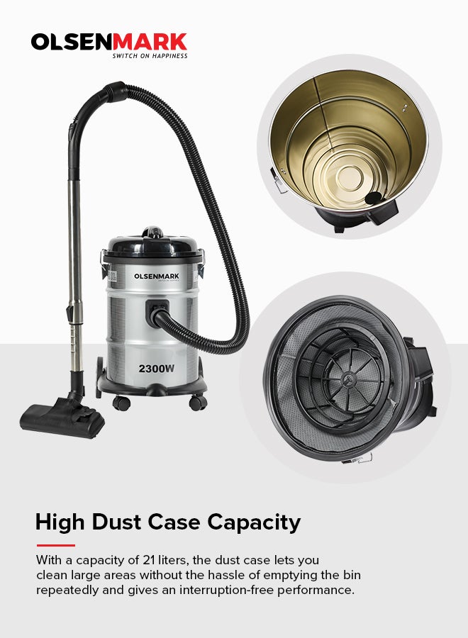 Olsenmark - Drum Vacuum Cleaner with dust capacity, Dust Full Indicator, Adjustable Suction, Cord length: 5m Cable, 21 L 2300 W OMVC1574E Grey - Image 1
