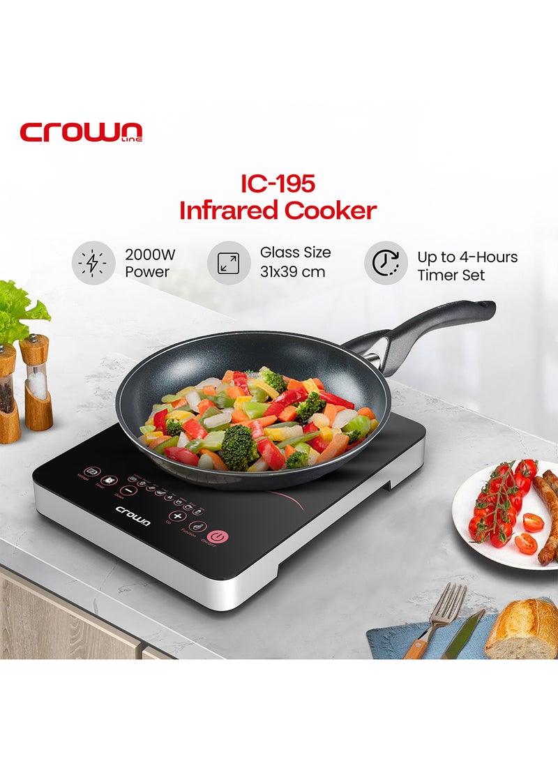 Infrared Cooker, 2000W, LED Display, Touch Control, 8 Temp Levels (80-600°C), Scratch-Resistant Ceramic Plate, Portable Cooktop for Kitchen (31x39cm Glass Surface) 2200 W IC-195 Black