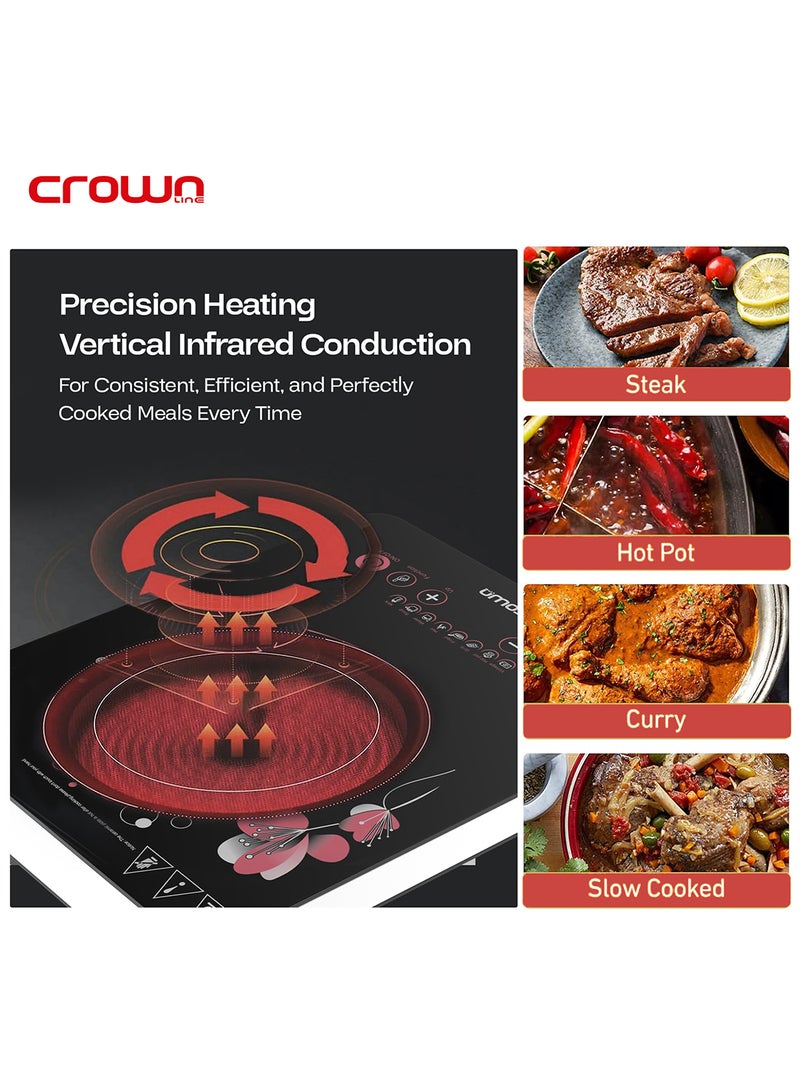 Infrared Cooker, 2000W, LED Display, Touch Control, 8 Temp Levels (80-600°C), Scratch-Resistant Ceramic Plate, Portable Cooktop for Kitchen (31x39cm Glass Surface) 2200 W IC-195 Black