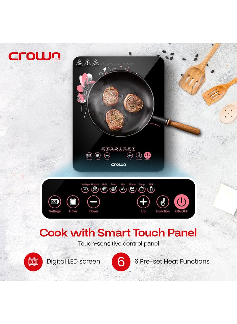 Infrared Cooker, 2000W, LED Display, Touch Control, 8 Temp Levels (80-600°C), Scratch-Resistant Ceramic Plate, Portable Cooktop for Kitchen (31x39cm Glass Surface) 2200 W IC-195 Black