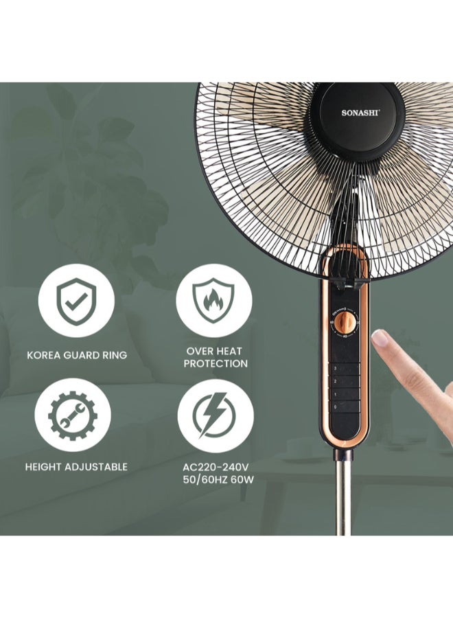 SONASHI - 16 Inch Stand Fan With 3 Speeds | Low Noise Motor With Oscillation Function | Height Adjustable Design With 5 Transparent Blades, And Korea Guard Ring SF-8025S Black - Image 1
