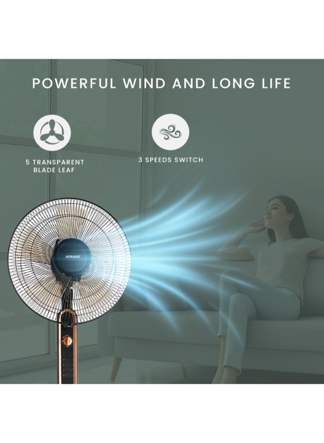 SONASHI - 16 Inch Stand Fan With 3 Speeds | Low Noise Motor With Oscillation Function | Height Adjustable Design With 5 Transparent Blades, And Korea Guard Ring SF-8025S Black - Image 1