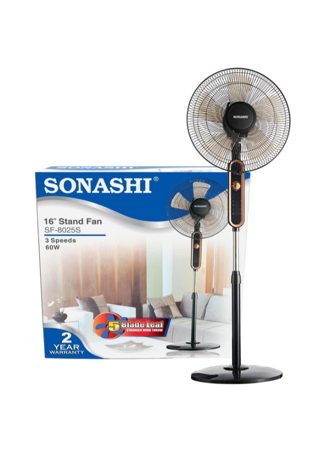 SONASHI - 16 Inch Stand Fan With 3 Speeds | Low Noise Motor With Oscillation Function | Height Adjustable Design With 5 Transparent Blades, And Korea Guard Ring SF-8025S Black - Image 1