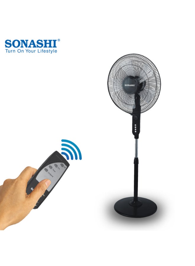 SONASHI 16 Inch Stand Fan - 3 Speeds With Remote Control | Low Noise Motor With Oscillation Function | Height Adjustable Design With 5 Transparent Blades | 7 Hours Timer SF-8027SR Black 