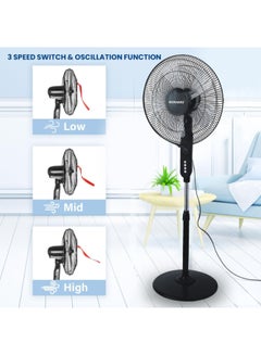 SONASHI 16 Inch Stand Fan - 3 Speeds With Remote Control | Low Noise Motor With Oscillation Function | Height Adjustable Design With 5 Transparent Blades | 7 Hours Timer SF-8027SR Black  - Image 2