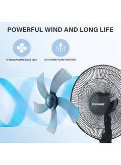 SONASHI 16 Inch Stand Fan - 3 Speeds With Remote Control | Low Noise Motor With Oscillation Function | Height Adjustable Design With 5 Transparent Blades | 7 Hours Timer SF-8027SR Black  - Image 4